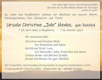 Traueranzeige von Ursula Christine 
