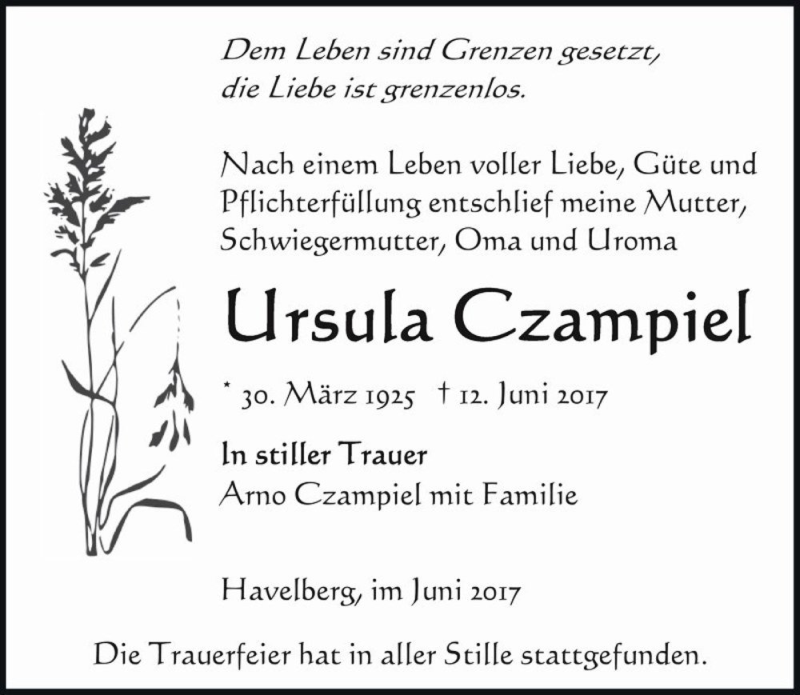  Traueranzeige für Ursula Czampiel  vom 23.06.2017 aus Magdeburger Volksstimme