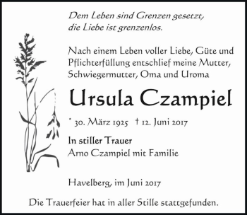 Traueranzeige von Ursula Czampiel  von Magdeburger Volksstimme