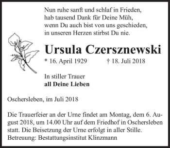 Traueranzeige von Ursula Czersznewski  von Magdeburger Volksstimme
