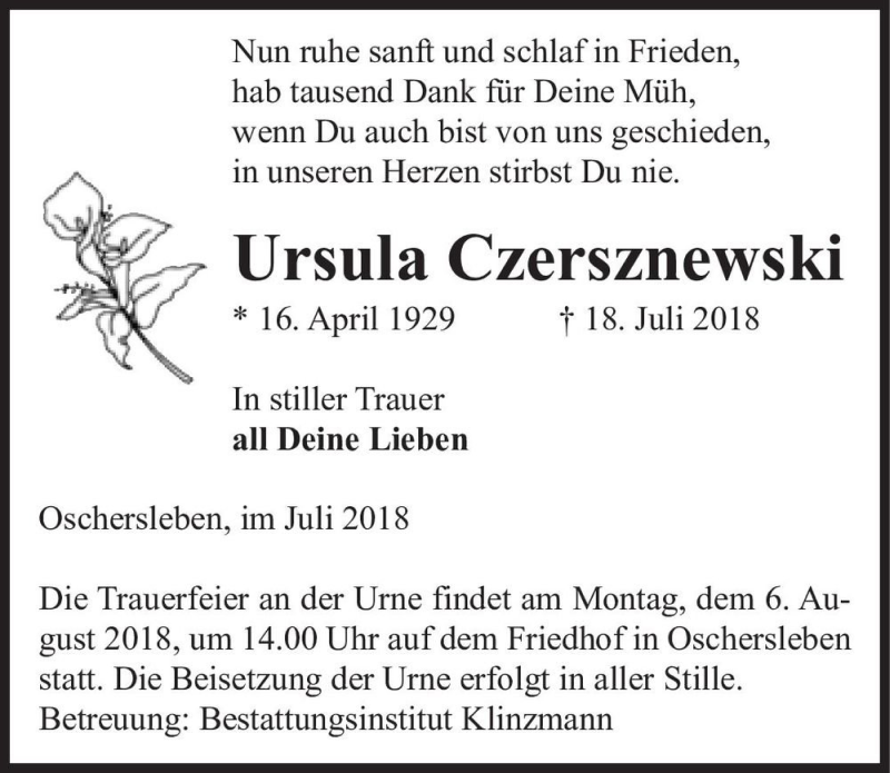  Traueranzeige für Ursula Czersznewski  vom 21.07.2018 aus Magdeburger Volksstimme