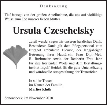 Traueranzeige von Ursula Czeschelsky  von Magdeburger Volksstimme
