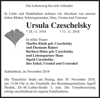 Traueranzeige von Ursula Czeschelsky  von Magdeburger Volksstimme