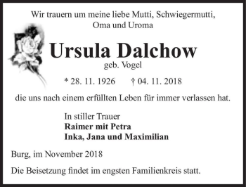 Traueranzeige von Ursula Dalchow (geb. Vogel)  von Magdeburger Volksstimme