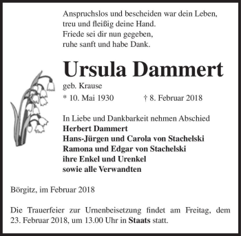 Traueranzeige von Ursula Dammert (geb. Krause)  von Magdeburger Volksstimme
