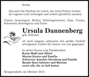 Traueranzeige von Ursula Dannenberg (geb. Schreier)  von Magdeburger Volksstimme