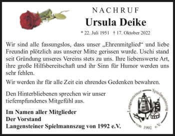 Traueranzeige von Ursula Deike  von Magdeburger Volksstimme