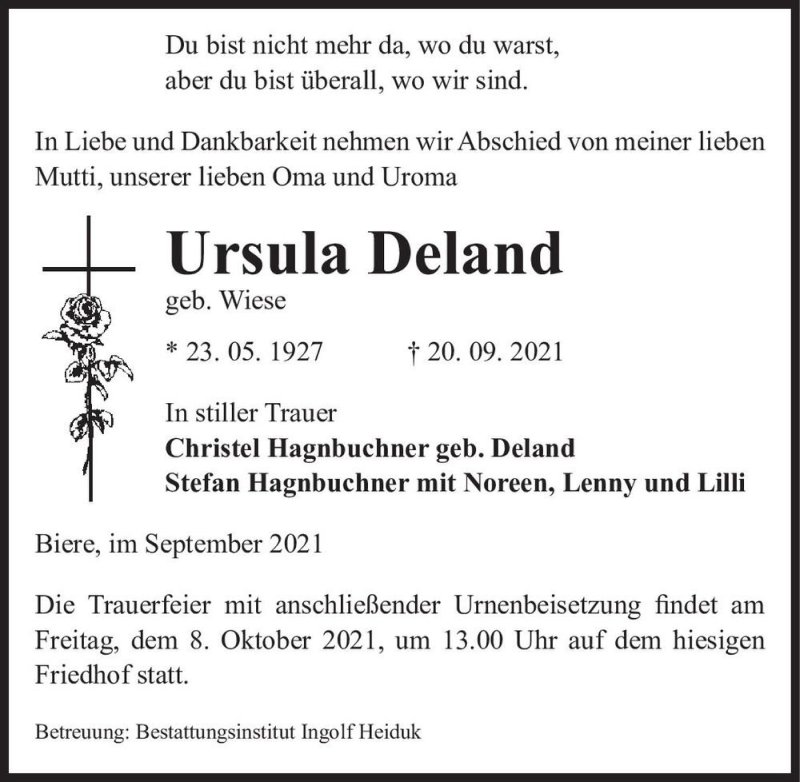  Traueranzeige für Ursula Deland (geb. Wiese)  vom 28.09.2021 aus Magdeburger Volksstimme