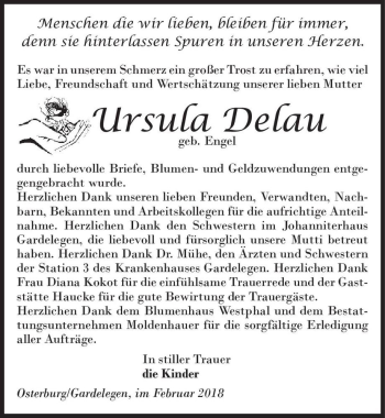 Traueranzeige von Ursula Delau (geb. Engel)  von Magdeburger Volksstimme