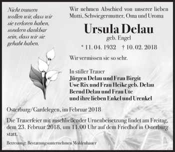 Traueranzeige von Ursula Delau (geb. Engel)  von Magdeburger Volksstimme