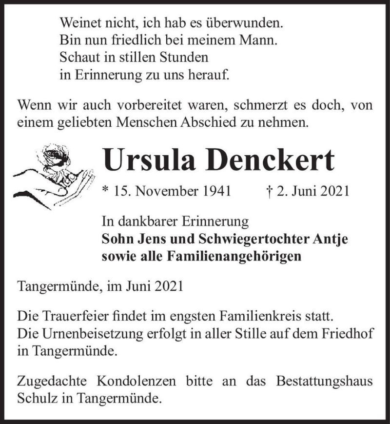 Traueranzeige für Ursula Denckert  vom 05.06.2021 aus Magdeburger Volksstimme