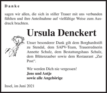 Traueranzeige von Ursula Denckert  von Magdeburger Volksstimme