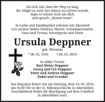 Traueranzeige von Ursula Deppner (geb. Wermter)  von Magdeburger Volksstimme