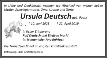 Traueranzeige von Ursula Deutsch (geb. Paetz)  von Magdeburger Volksstimme