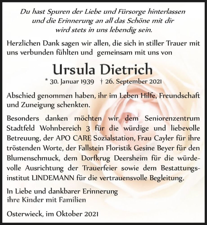  Traueranzeige für Ursula Dietrich  vom 23.10.2021 aus Magdeburger Volksstimme