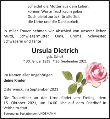 Traueranzeige von Ursula Dietrich (geb. Schoß)  von Magdeburger Volksstimme