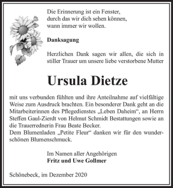 Traueranzeige von Ursula Dietze  von Magdeburger Volksstimme
