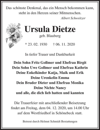Traueranzeige von Ursula Dietze (geb. Blauberg)  von Magdeburger Volksstimme