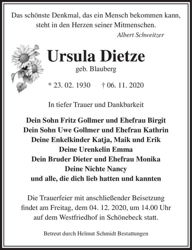  Traueranzeige für Ursula Dietze (geb. Blauberg)  vom 14.11.2020 aus Magdeburger Volksstimme