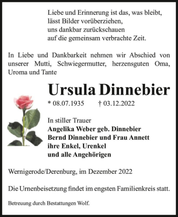Traueranzeige von Ursula Dinnebier  von Magdeburger Volksstimme
