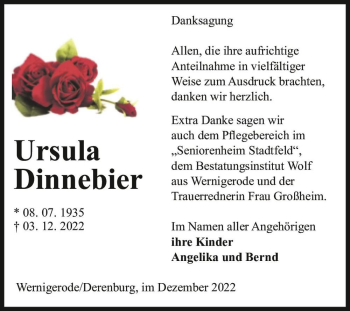 Traueranzeige von Ursula Dinnebier  von Magdeburger Volksstimme