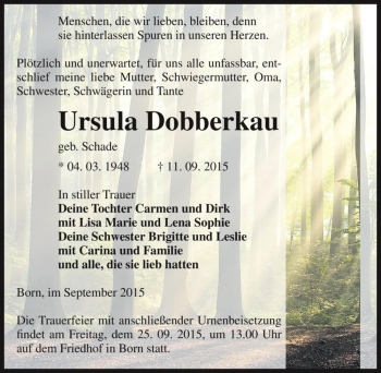 Traueranzeige von Ursula Dobberkau (geb. Schade)  von Magdeburger Volksstimme