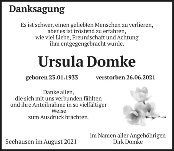 Traueranzeige von Ursula Domke  von Magdeburger Volksstimme