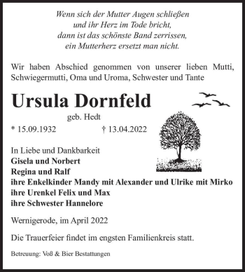 Traueranzeige von Ursula Dornfeld (geb. Hedt)  von Magdeburger Volksstimme