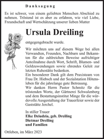 Traueranzeige von Ursula Dreiling  von Magdeburger Volksstimme