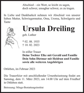 Traueranzeige von Ursula Dreiling (geb. Luther)  von Magdeburger Volksstimme