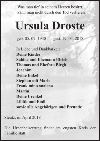 Traueranzeige von Ursula Droste  von Magdeburger Volksstimme