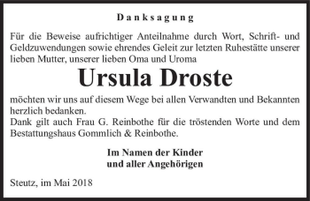 Traueranzeige von Ursula Droste  von Magdeburger Volksstimme