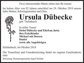 Traueranzeige von Ursula Dübecke (geb. Tiefenbach)  von Magdeburger Volksstimme