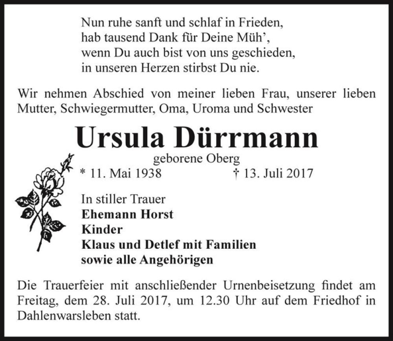  Traueranzeige für Ursula Dürrmann (geb. Oberg)  vom 21.07.2017 aus Magdeburger Volksstimme