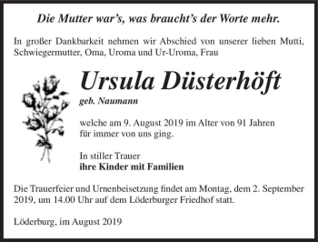 Traueranzeige von Ursula Düsterhöft (geb. Naumann)  von Magdeburger Volksstimme