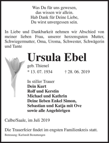 Traueranzeige von Ursula Ebel (geb. Thienel)  von Magdeburger Volksstimme