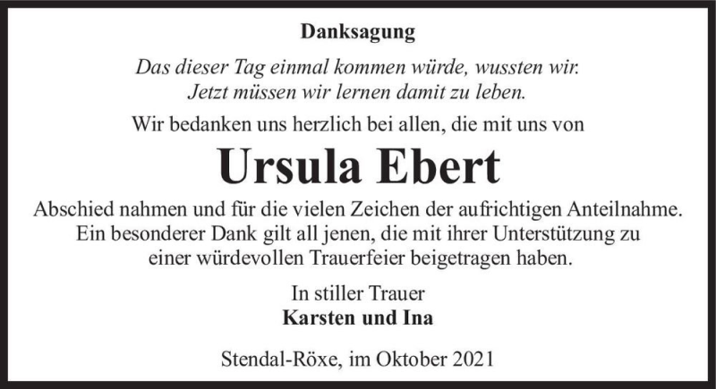  Traueranzeige für Ursula Ebert  vom 09.10.2021 aus Magdeburger Volksstimme