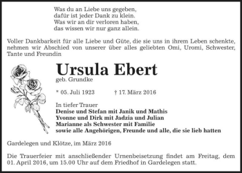 Traueranzeige von Ursula Ebert (geb. Grundke)  von Magdeburger Volksstimme