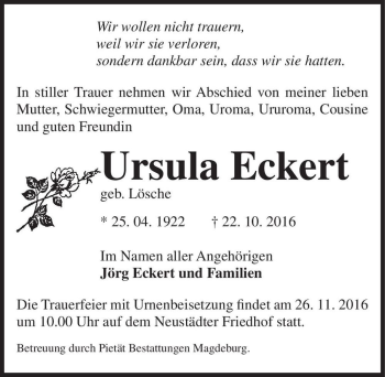 Traueranzeige von Ursula Eckert (geb. Lösche)  von Magdeburger Volksstimme