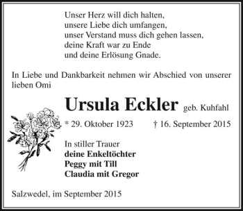 Traueranzeige von Ursula Eckler (geb. Kuhfahl)  von Magdeburger Volksstimme