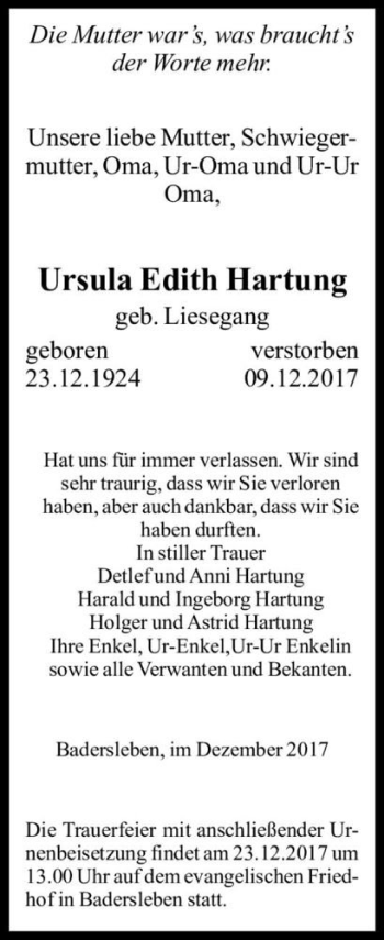 Traueranzeige von Ursula Edit Hartung (geb. Liesegang)  von Magdeburger Volksstimme