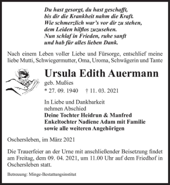 Traueranzeige von Ursula Edith Auermann (geb. Mußies)  von Magdeburger Volksstimme