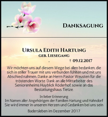 Traueranzeige von Ursula Edith Hartung (geb. Liesegang)  von Magdeburger Volksstimme