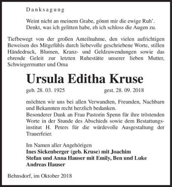Traueranzeige von Ursula Editha Kruse  von Magdeburger Volksstimme