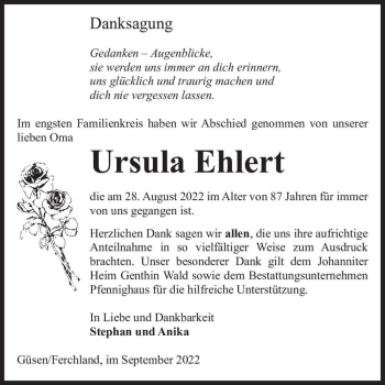 Traueranzeige von Ursula Ehlert  von Magdeburger Volksstimme