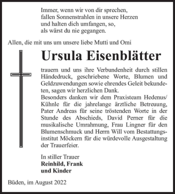Traueranzeige von Ursula Eisenblätter  von Magdeburger Volksstimme