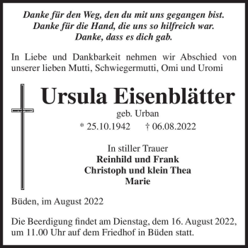 Traueranzeige von Ursula Eisenblätter (geb. Urban)  von Magdeburger Volksstimme