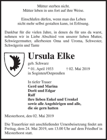 Traueranzeige von Ursula Elke (geb. Schwarz)  von Magdeburger Volksstimme