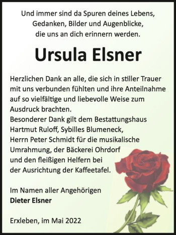 Traueranzeige von Ursula Elsner  von Magdeburger Volksstimme