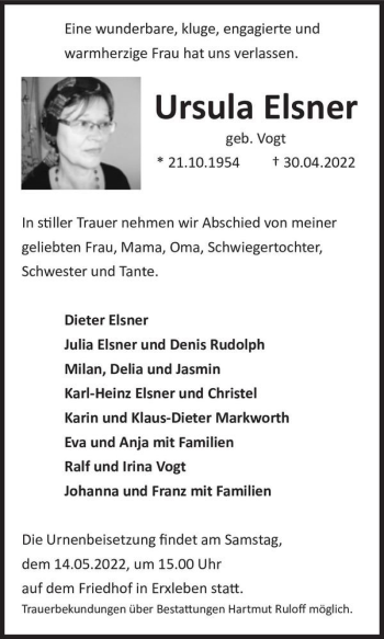 Traueranzeige von Ursula Elsner (geb. Vogt)  von Magdeburger Volksstimme